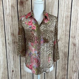 Giorgio Grati Silk Colorful Patterned Button Down Blouse w/beaded accents SM